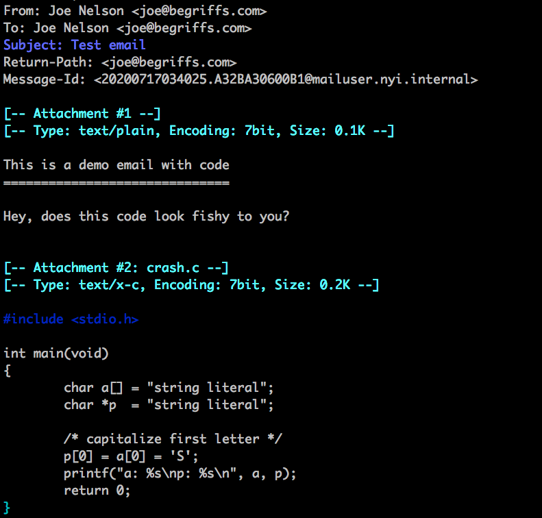 code and text in Mutt
